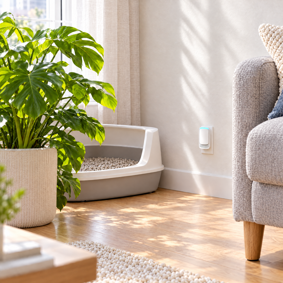ClearBox plugged in low on the wall in a bright living room, next to a litter tray behind a plant