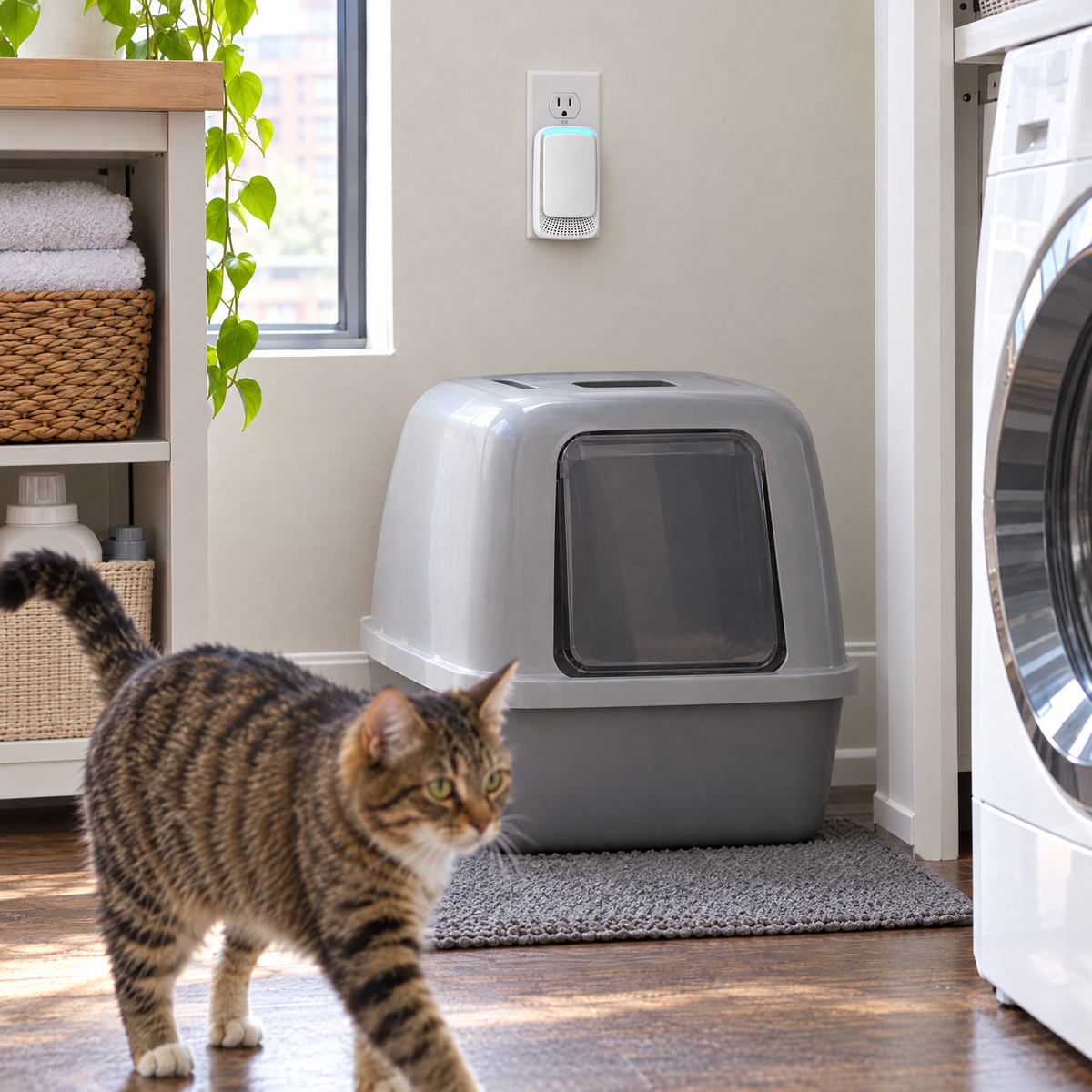 ClearBox plugged into a wall outlet above a covered litter box in a laundry corner, cat walking past
